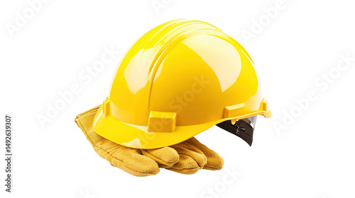 Yellow Construction Helmet with Gloves Isolated on PNG Transparent Background
