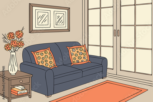 25 cozy living room, navy blue sofa, orange and leopard print throw pillows, modern vase with floral arrangement, large window with natural light, warm and inviting atmosphere