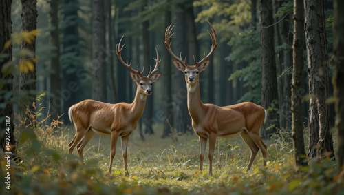 Two Mature Deer Standing Gracefully in a Lush Green Forest Surrounded by Sunlight and Trees