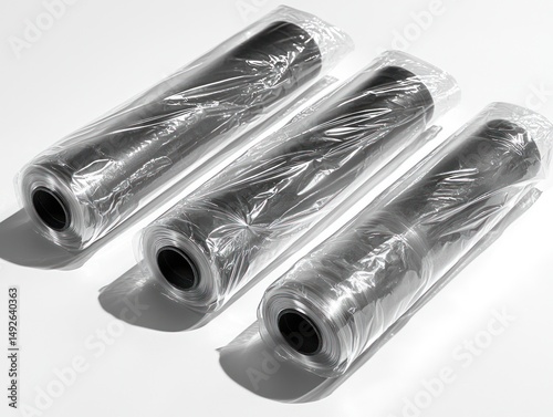 Three rolls of plastic wrap, tightly wrapped in clear plastic