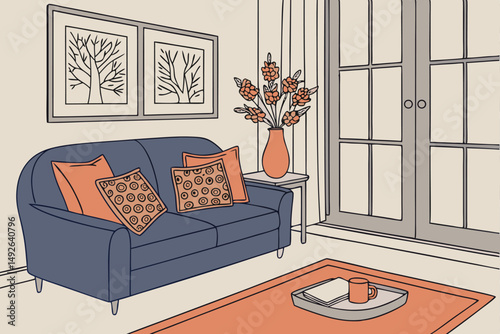 25 cozy living room, navy blue sofa, orange and leopard print throw pillows, modern vase with floral arrangement, large window with natural light, warm and inviting atmosphere