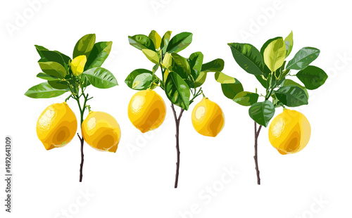 Citrus limon frontal set tree isolated cutout, vector illustration, lemon fruit plant, orchard tree, fresh citrus harvest, botanical garden, natural flora.