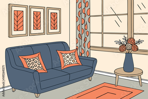 25 cozy living room, navy blue sofa, orange and leopard print throw pillows, modern vase with floral arrangement, large window with natural light, warm and inviting atmosphere