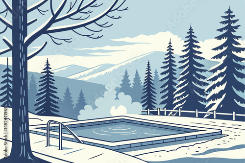 26 a serene winter landscape, an outdoor swimming pool surrounded by snow-covered trees, mountains in the distance, clear blue sky, atmospheric lighting, mist rising from the pool, detailed, photoreal