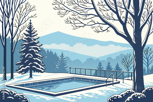26 a serene winter landscape, an outdoor swimming pool surrounded by snow-covered trees, mountains in the distance, clear blue sky, atmospheric lighting, mist rising from the pool, detailed, photoreal
