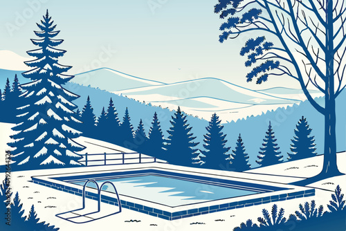 26 a serene winter landscape, an outdoor swimming pool surrounded by snow-covered trees, mountains in the distance, clear blue sky, atmospheric lighting, mist rising from the pool, detailed, photoreal