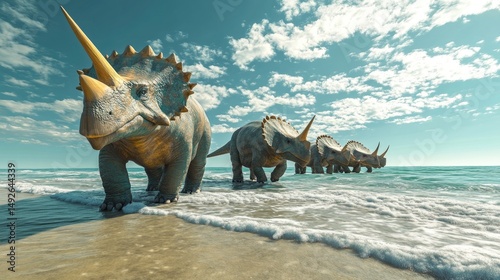 Fototapeta Naklejka Na Ścianę i Meble -  A group of majestic triceratops walking along a serene beach. with soft waves lapping at their feet and a dramatic sky filled with fluffy clouds in the background