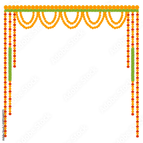 Indian Weflower garland of mango leaves and marigold flowers. Ugadi diwali ganesha festival poojas weddings functions holiday ornate decoration. Isolated on white background natural mango leaf garland