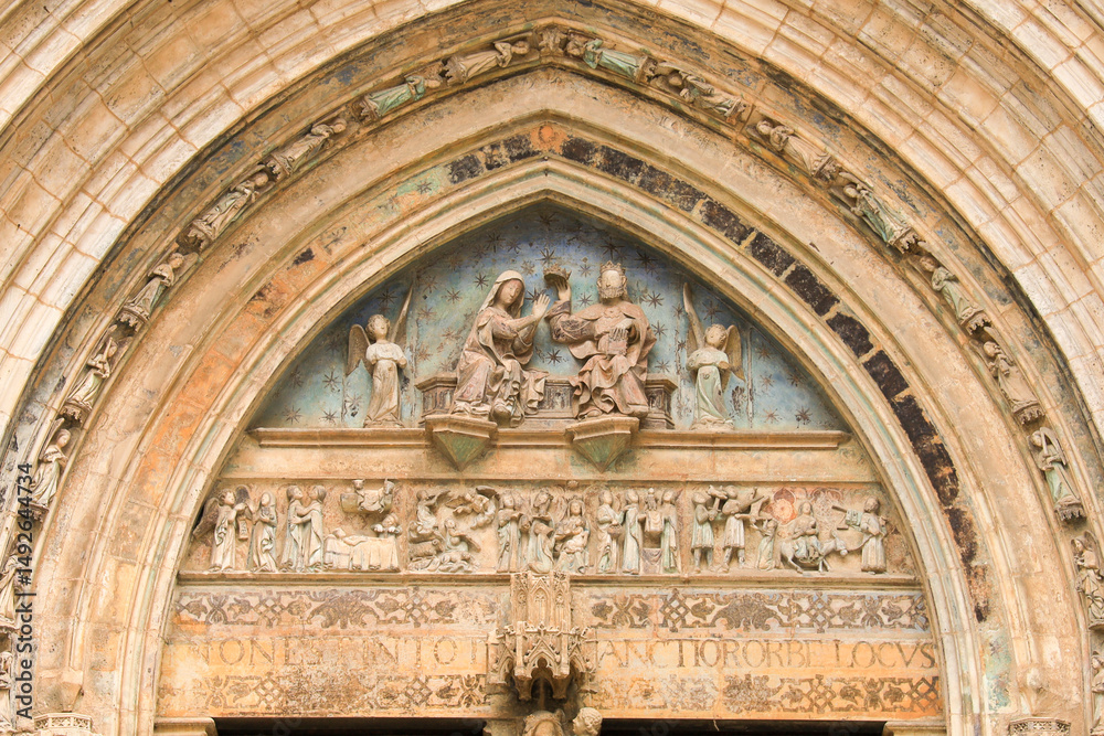 Obraz premium Architectural details of The Apostles door of Santa Maria La Mayor church in Morella town, Castellon
