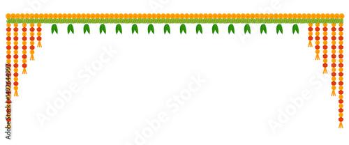 Indian Weflower garland of mango leaves and marigold flowers. Ugadi diwali ganesha festival poojas weddings functions holiday ornate decoration. Isolated on white background natural mango leaf garland
