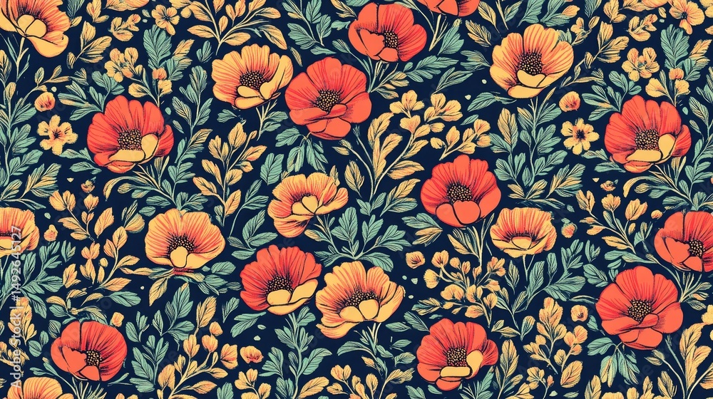 Fototapeta premium Vibrant floral pattern with various shades of poppy blossoms.