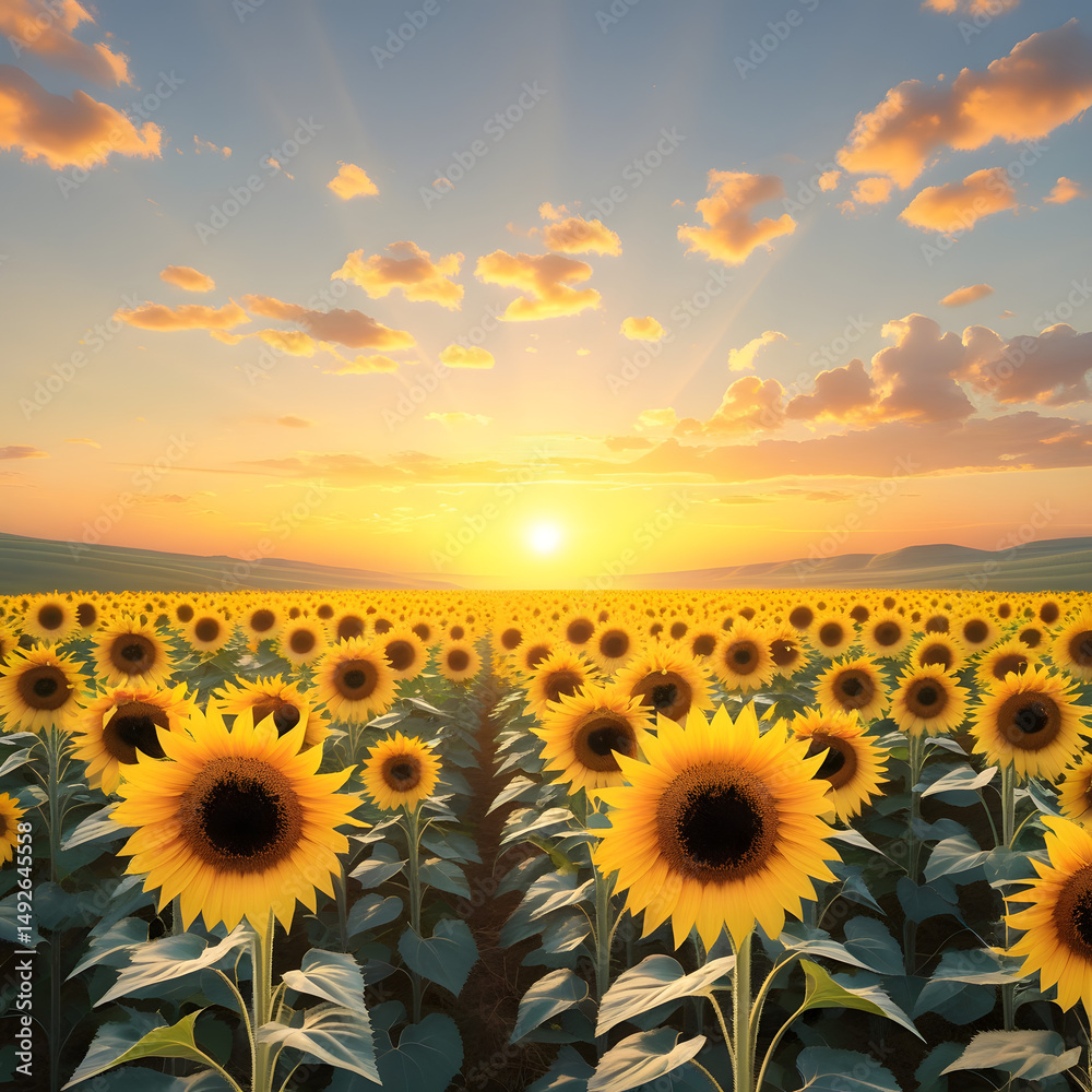 Fototapeta premium sunflower field with sunset