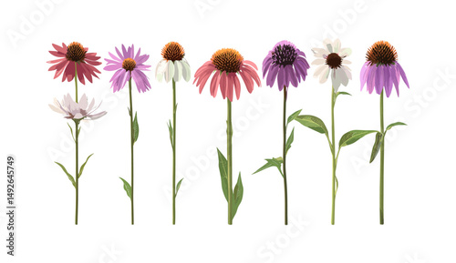 Echinacea purpurea flower isolated png, purple coneflower, eastern coneflower, hedgehog coneflower, medicinal herb, garden plant, summer bloom, nature, vector illustration.