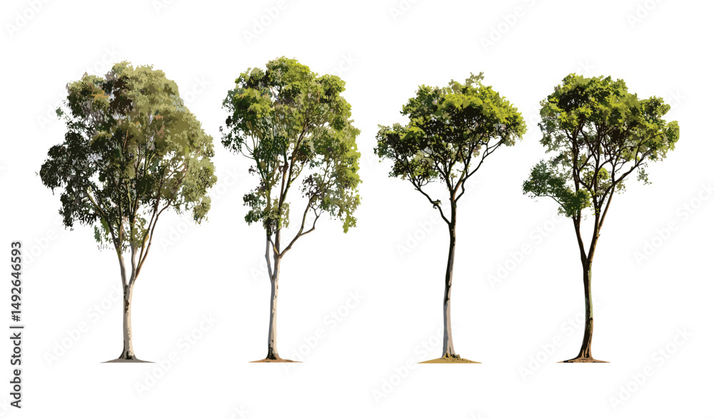 Set of Eucalyptus camaldulensis river red gum trees isolated png sunny daylight cutout tree, natural flora, Australian forest, botany, green foliage, vector illustration.