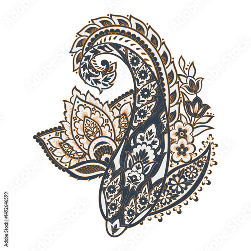 Turkish Cucumber Paisley. Vector pattern in traditional oriental style with flowers, leaves and fantasy elements.