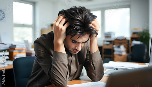 A man with medium-length dark hair sitting at a desk, holding his head in his hands, looking stressed or overwhelmed. A cluttered office environment in the background with papers and documents scatter