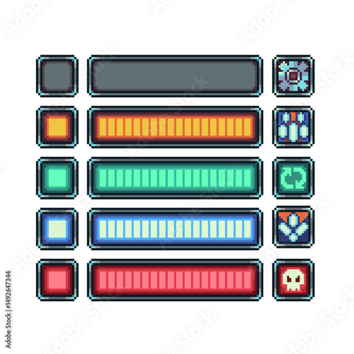 Button, interface, pixel art icons, battery charge, play, option, retro 80s console gaming app, video game assets, flat style, 8-bit sprite, vector illustration.