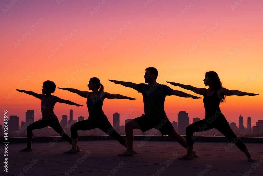 Obraz premium Group practicing yoga poses at sunrise against city skyline in vibrant colors