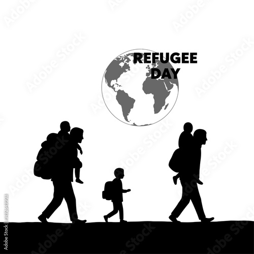 Silhouette of refugees walking with children on their backs with globe and refugee day text