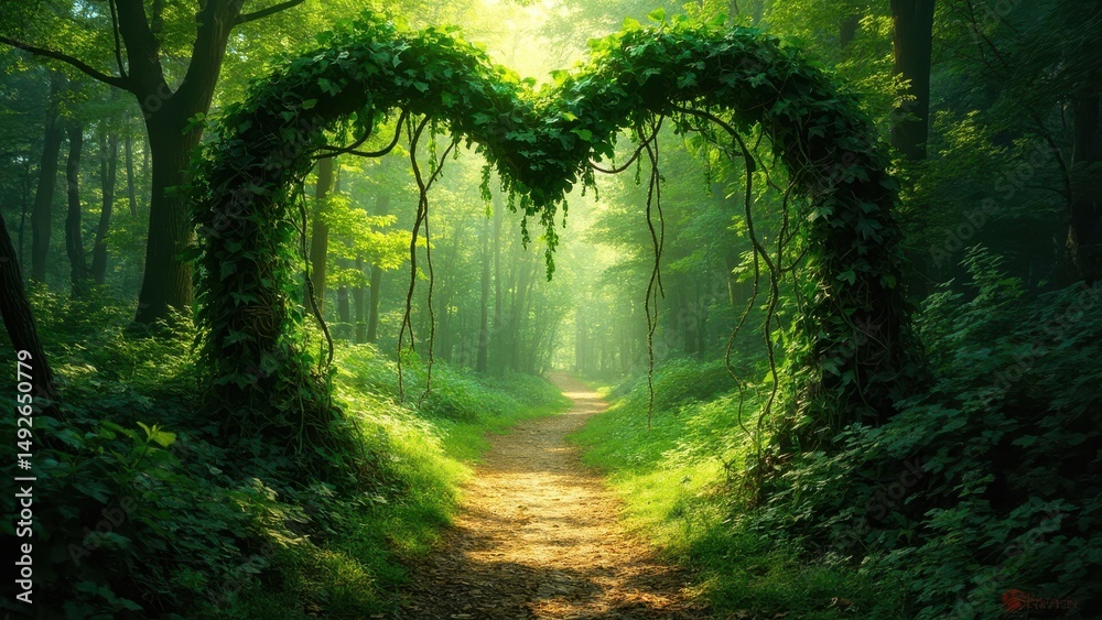 Naklejka premium A heart-shaped arch made of intertwined tree trunks and dense green foliage marks the entrance to a lush forest path. Sunlight filters through the leaves, creating a serene and enchanting natural sett
