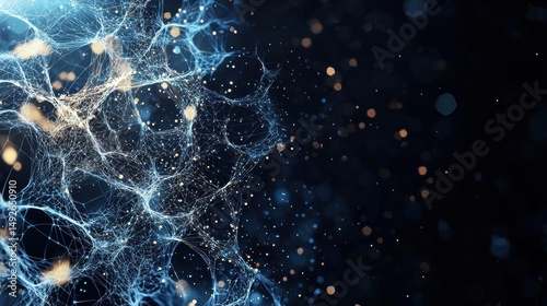 Abstract digital art piece that appears to be a network of interconnected lines and dots. the lines are in a light blue color and are connected to each other in a complex network-like pattern.