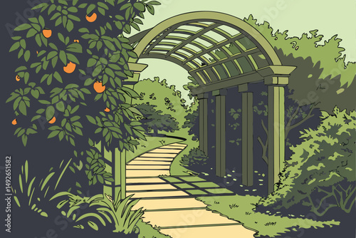 29 a lush, verdant garden with an arched entrance, wooden pathway, ripe oranges in the foreground, sun streaming through the canopy, vibrant green foliage, serene, tranquil atmosphere, highly detailed