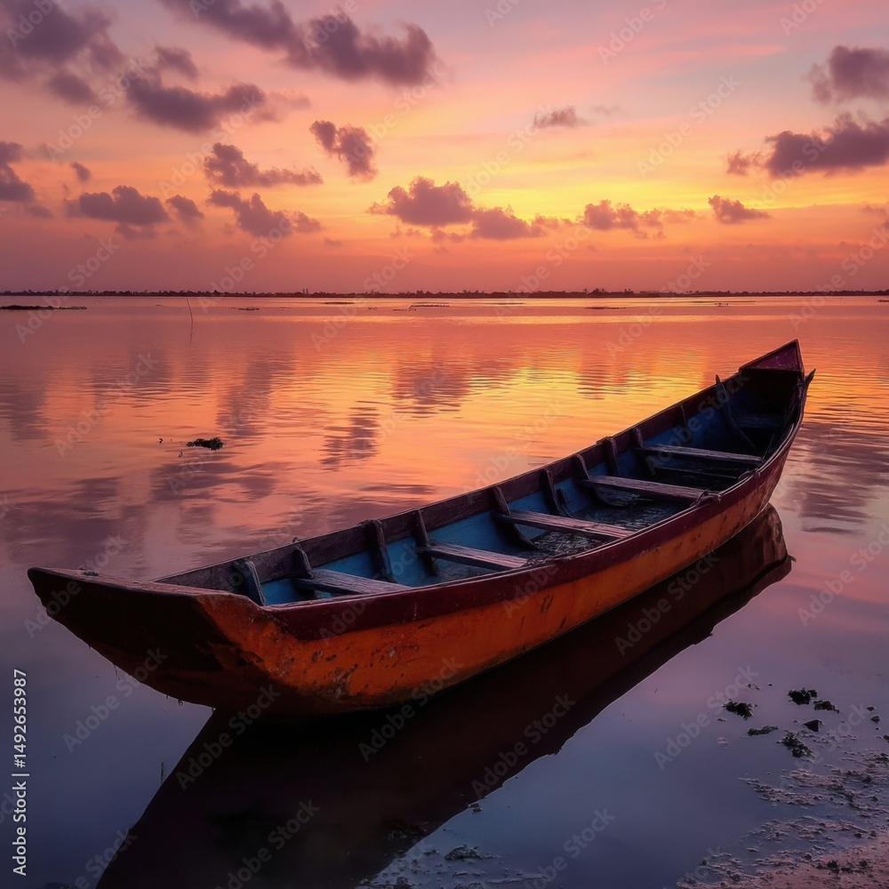 Fototapeta premium Wooden Boat Resting on Calm Water at Sunset Landscape View Serene Scene in Nature Photography