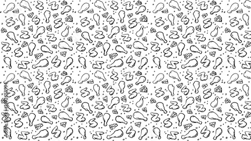 A seamless pattern with chicken legs wings and cheese on a white background illustration