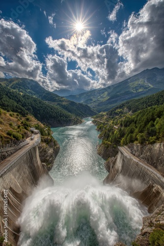 Impressive Dam Releasing Water into Valley with Mountains and Forest Under Cloudy Sky and Sunburst, Aerial View