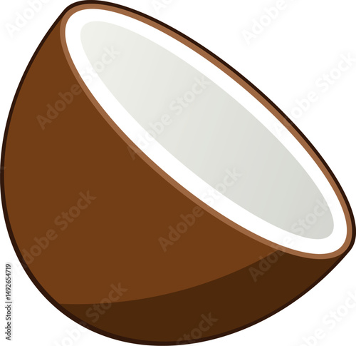 Flat vector illustration of a halved coconut showing brown fibrous shell and white edible pulp. Ideal for tropical food themes, healthy lifestyle content, vegan recipes, or exotic fruit designs.