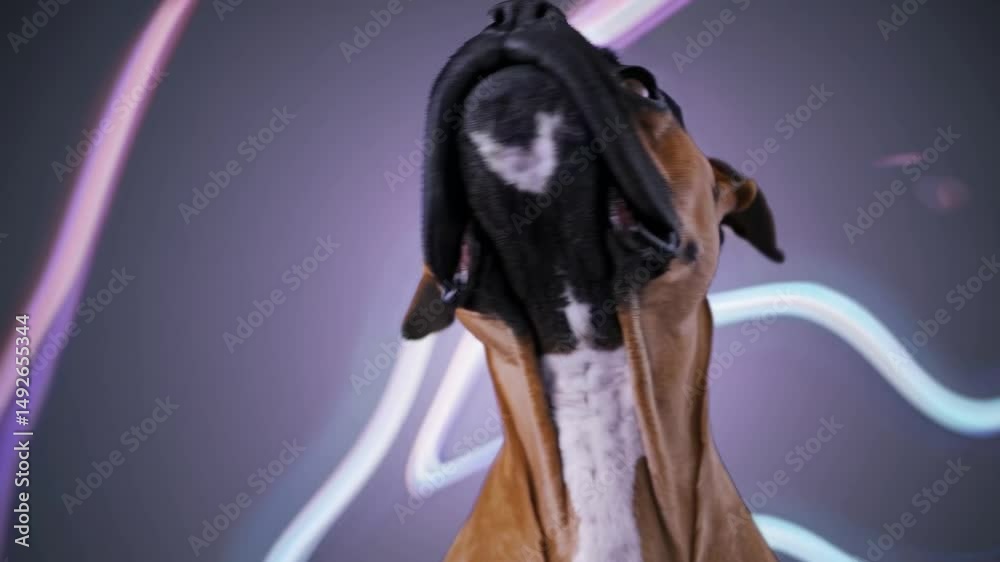 Portrait de boxer attentif avec fond lumineux abstrait violet et rose

