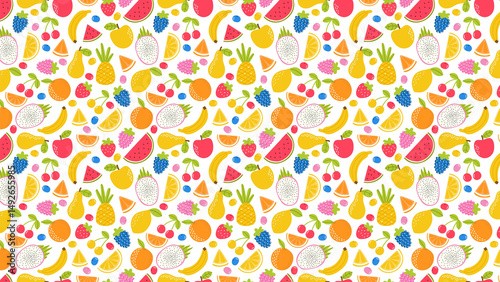 A vibrant and colorful fruit pattern featuring various fruits on a white background in a seamless design