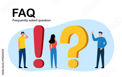 People Characters Standing near Exclamations and Question Marks. Woman and Man Ask Questions and receive Answers. Online Support center. Frequently Asked Questions Concept.