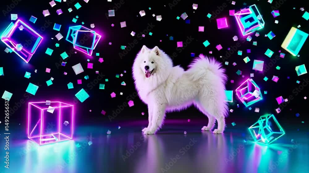 Chien Samoyède entouré de cubes flottants néon dans un univers numérique coloré

