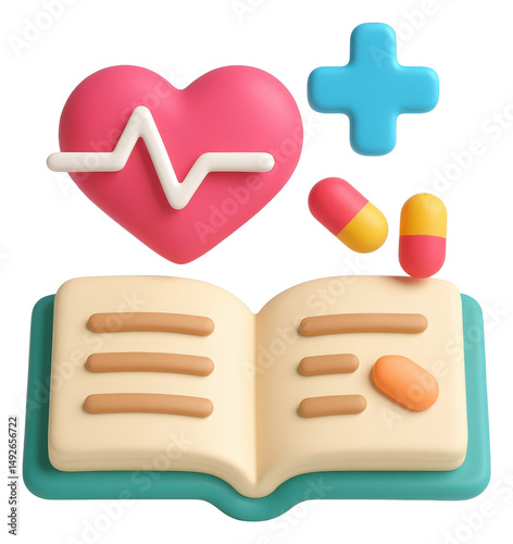 3D Render of Healthcare Book with Heart, Pills, and Plus Sign