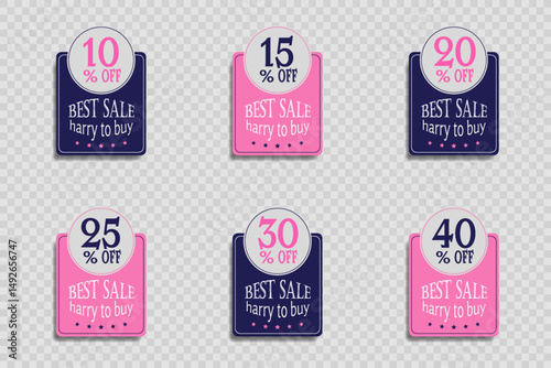 Colorful labels for sales with percentages and discounts.