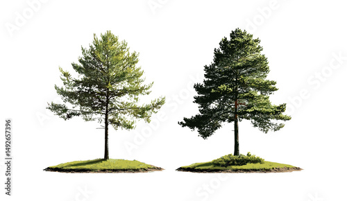 Larix occidentalis and Larix decidua isolated cutout in sunlight, coniferous tree, alpine forest, seasonal foliage, outdoor nature, vector illustration.