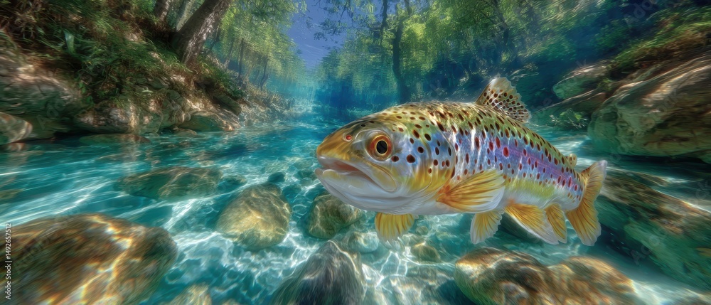 Naklejka premium Graceful spotted trout swims in sunlit turquoise waters