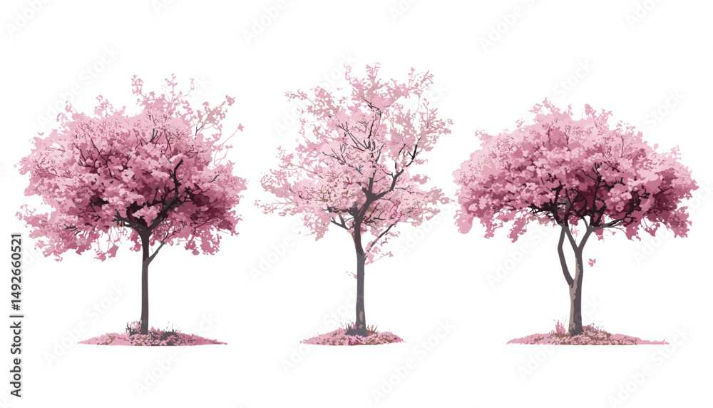 Malus micromalus Kaido Crab Apple tree set transparent background, vector illustration, flowering orchard trees, spring bloom, garden fruit tree, natural landscape, tree silhouette.