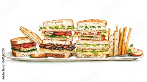 Assorted gourmet sandwiches and breadsticks on a platter.