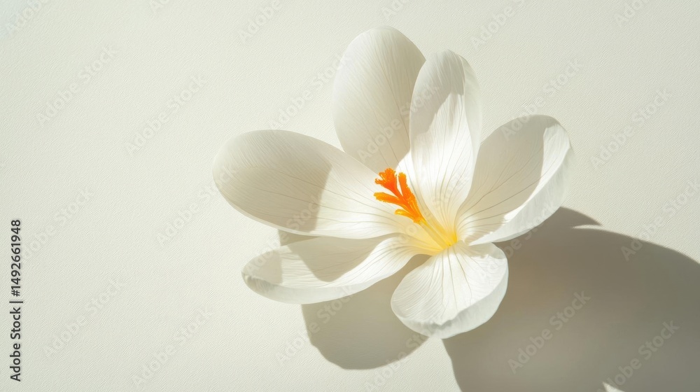Obraz premium Close-up of a single white flower with a yellow center. the flower is in full bloom, with its petals spread out in a fan-like shape. the petals are delicate and have a soft, velvety texture.