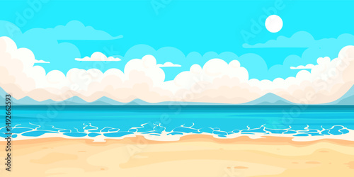 Cartoon beach scene with blue ocean, yellow sand and clouds behind the mountains.