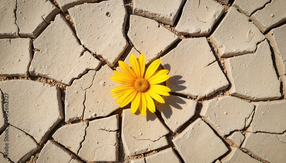 Obraz premium Yellow flower contrasts with dry cracked earth in a striking display of resilience and beauty in nature