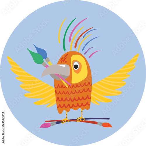 Bright parrot artist with brushes for painting