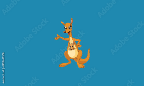 Illustration of a cartoon kangaroo with a joey in its pouch on a pink background