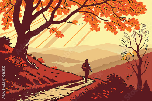 33 dramatic autumn landscape with person walking down path, vibrant orange and red foliage, sunbeams and golden light, intricate details, stunning scenic vista, cinematic mood, highly detailed, photor