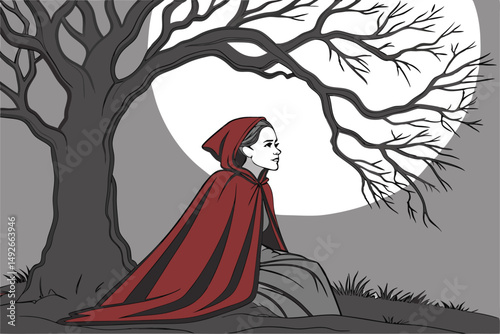 32 a woman sitting in a red cloak in front of a bare tree, dark moody atmosphere, dramatic lighting, cinematic, digital art, highly detailed, intricate detail, high resolution