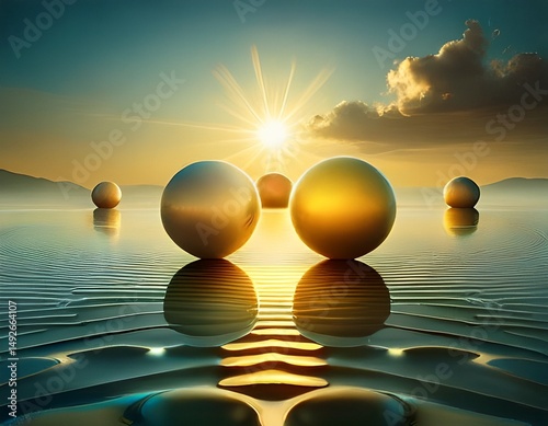 spheres in water with sun in background