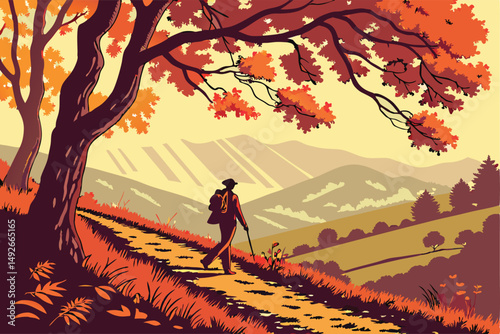 33 dramatic autumn landscape with person walking down path, vibrant orange and red foliage, sunbeams and golden light, intricate details, stunning scenic vista, cinematic mood, highly detailed, photor