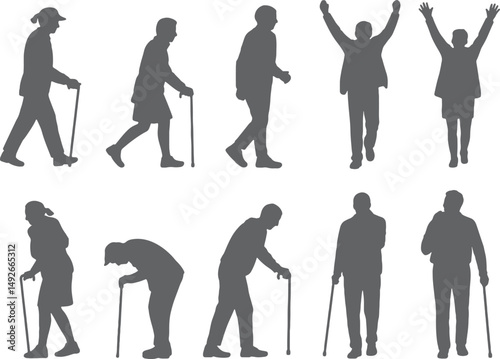 Diverse silhouettes of elderly people walking with canes